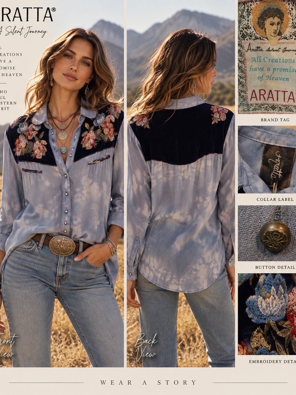 Aratta Women's Blue Embroidered Tie-Dye Western Shirt